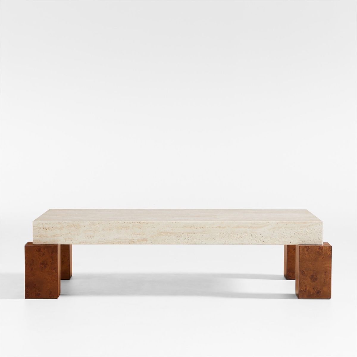 Dualité Travertine and Burl Wood Block Leg 53" Coffee Table by Athena Calderone
